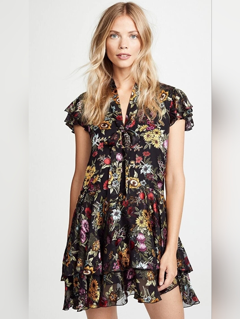 Black Floral Tie-Neck Ruffle Dress